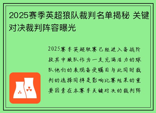 2025赛季英超狼队裁判名单揭秘 关键对决裁判阵容曝光